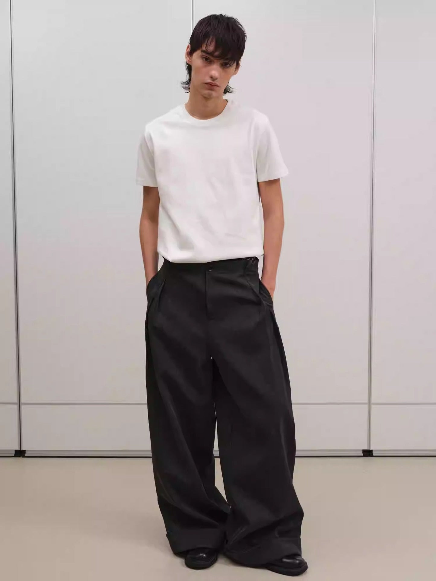 Loose Mode Dark Gray Simple Minimal Pleated Pants [ID:0122PA]