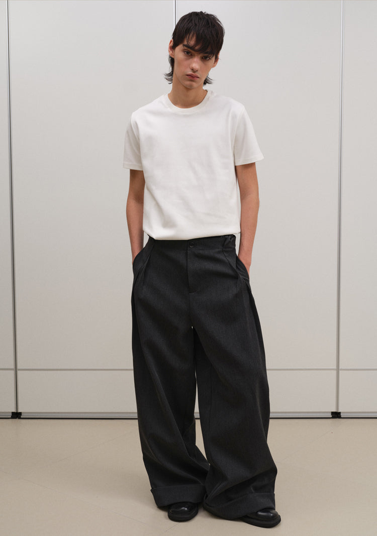 Loose Mode Dark Gray Simple Minimal Pleated Pants [ID:0122PA]