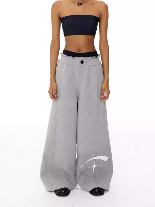 Lace Elastic Waist Creative Print Wide Leg Sweatpants [ID:0130SU]