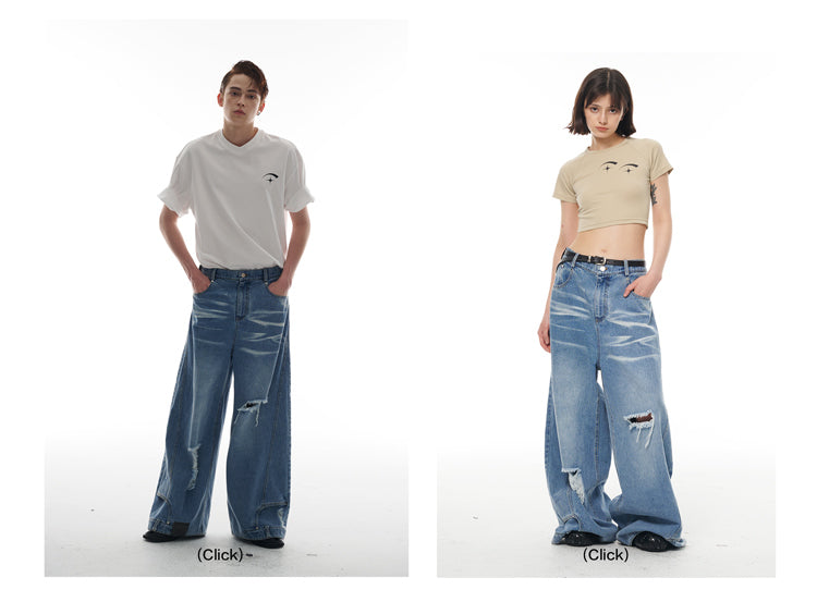 Heavy Industry Destruction Silhouette Floor Mop Washed Jeans [ID:0131PA]