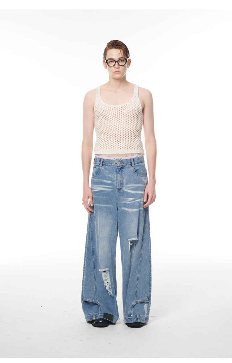 Heavy Industry Destruction Silhouette Floor Mop Washed Jeans [ID:0131PA]