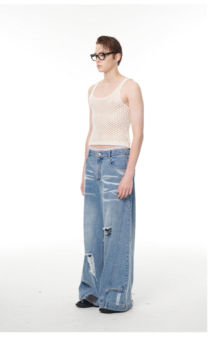 Heavy Industry Destruction Silhouette Floor Mop Washed Jeans [ID:0131PA]