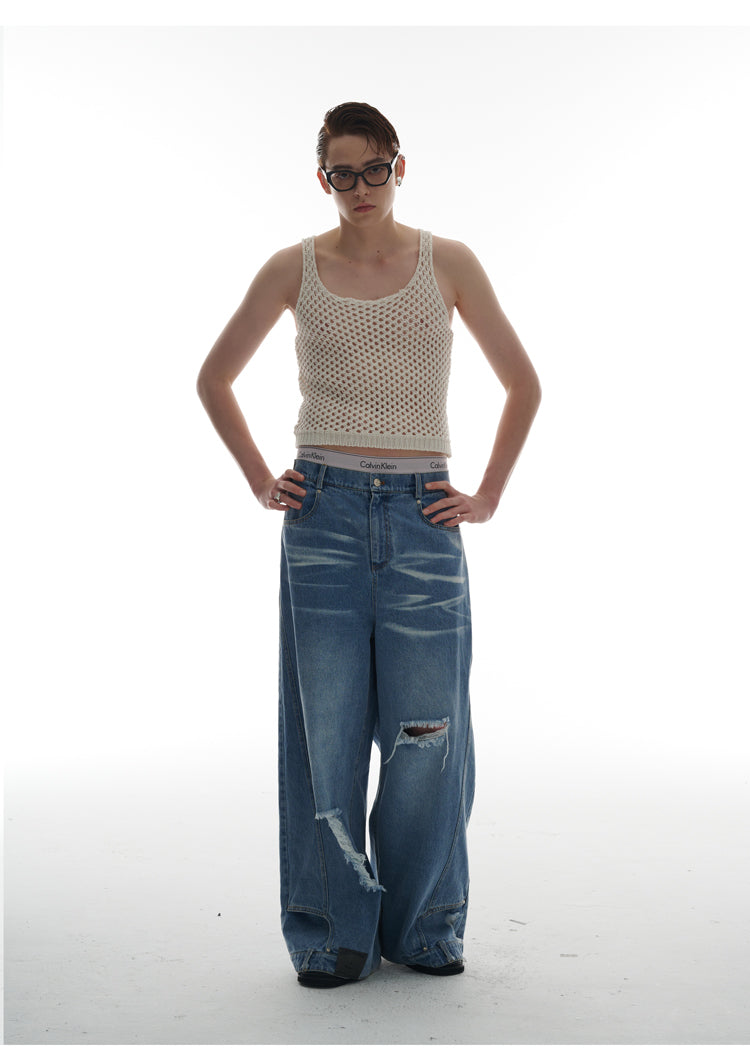 Heavy Industry Destruction Silhouette Floor Mop Washed Jeans [ID:0131PA]