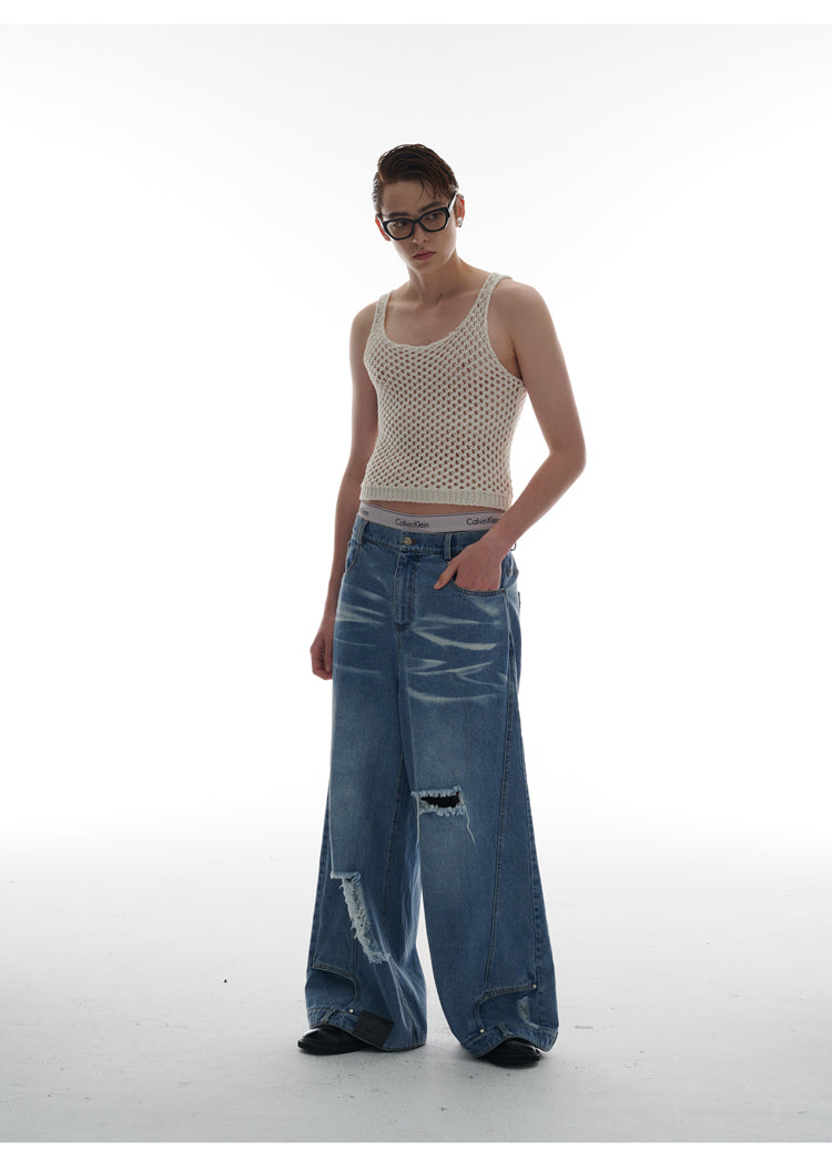 Heavy Industry Destruction Silhouette Floor Mop Washed Jeans [ID:0131PA]