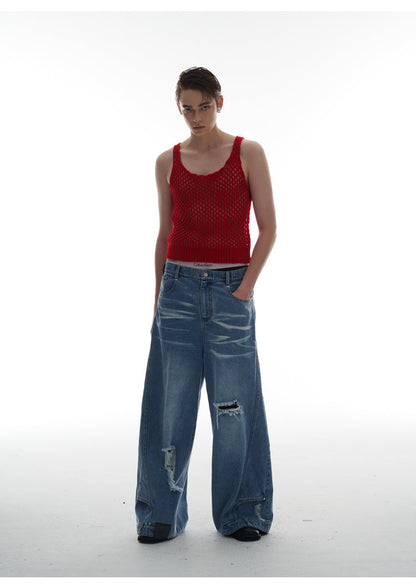 Heavy Industry Destruction Silhouette Floor Mop Washed Jeans [ID:0131PA]