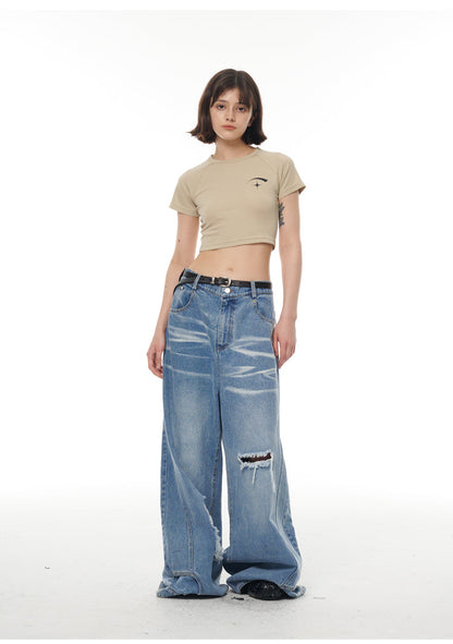 Heavy Industry Destruction Silhouette Floor Mop Washed Jeans [ID:0131PA]