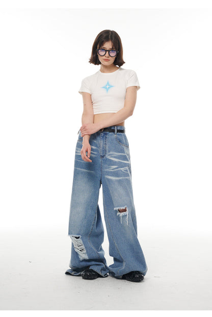 Heavy Industry Destruction Silhouette Floor Mop Washed Jeans [ID:0131PA]