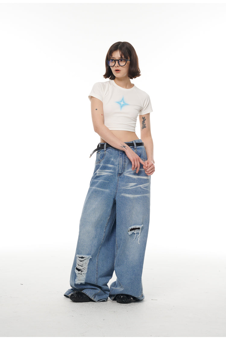 Heavy Industry Destruction Silhouette Floor Mop Washed Jeans [ID:0131PA]