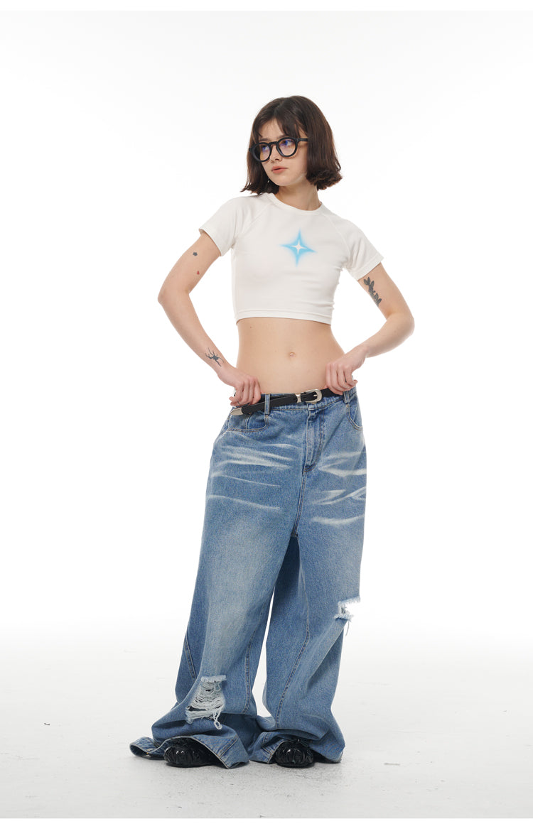 Heavy Industry Destruction Silhouette Floor Mop Washed Jeans [ID:0131PA]