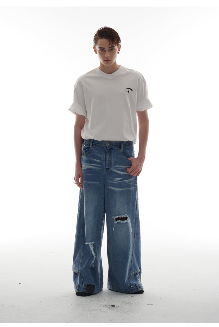 Heavy Industry Destruction Silhouette Floor Mop Washed Jeans [ID:0131PA]