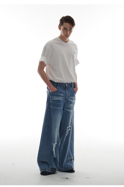 Heavy Industry Destruction Silhouette Floor Mop Washed Jeans [ID:0131PA]