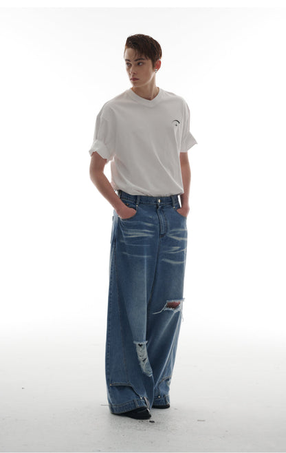 Heavy Industry Destruction Silhouette Floor Mop Washed Jeans [ID:0131PA]