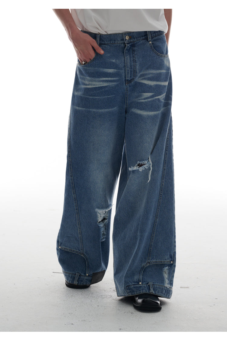 Heavy Industry Destruction Silhouette Floor Mop Washed Jeans [ID:0131PA]