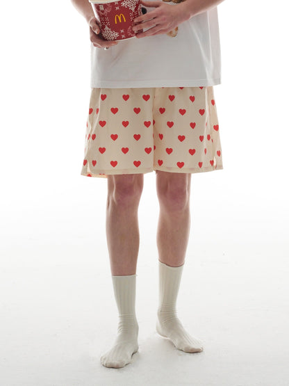 All-Over Heart Print Elastic Waist Lounge Shorts in Lightweight Fabric [ID:0133OT]