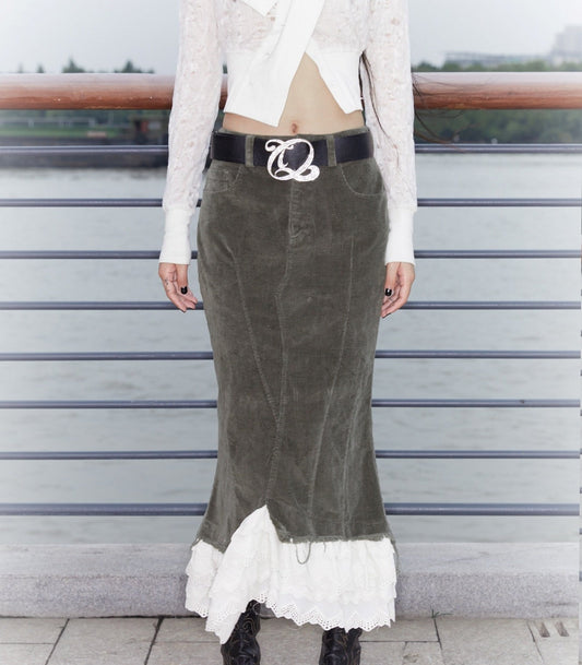 Corduroy Layered Petal Fishtail Skirt with Elastic Waist and Side Slit [ID:0135SK]