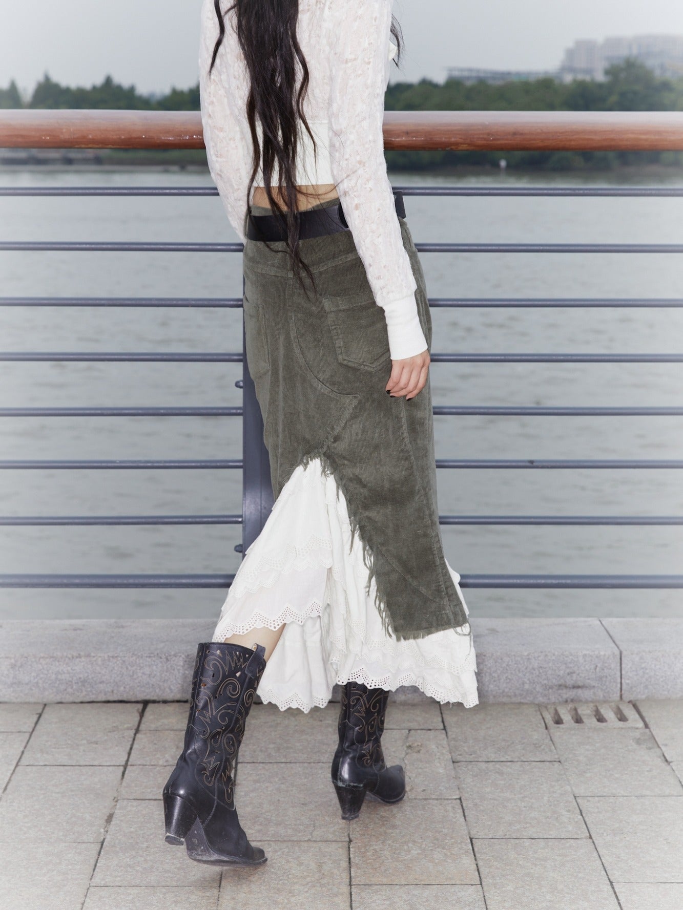 Corduroy Layered Petal Fishtail Skirt with Elastic Waist and Side Slit [ID:0135SK]