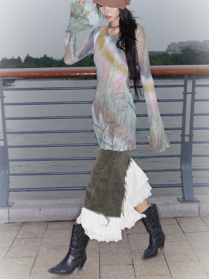 Corduroy Layered Petal Fishtail Skirt with Elastic Waist and Side Slit [ID:0135SK]