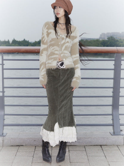 Corduroy Layered Petal Fishtail Skirt with Elastic Waist and Side Slit [ID:0135SK]