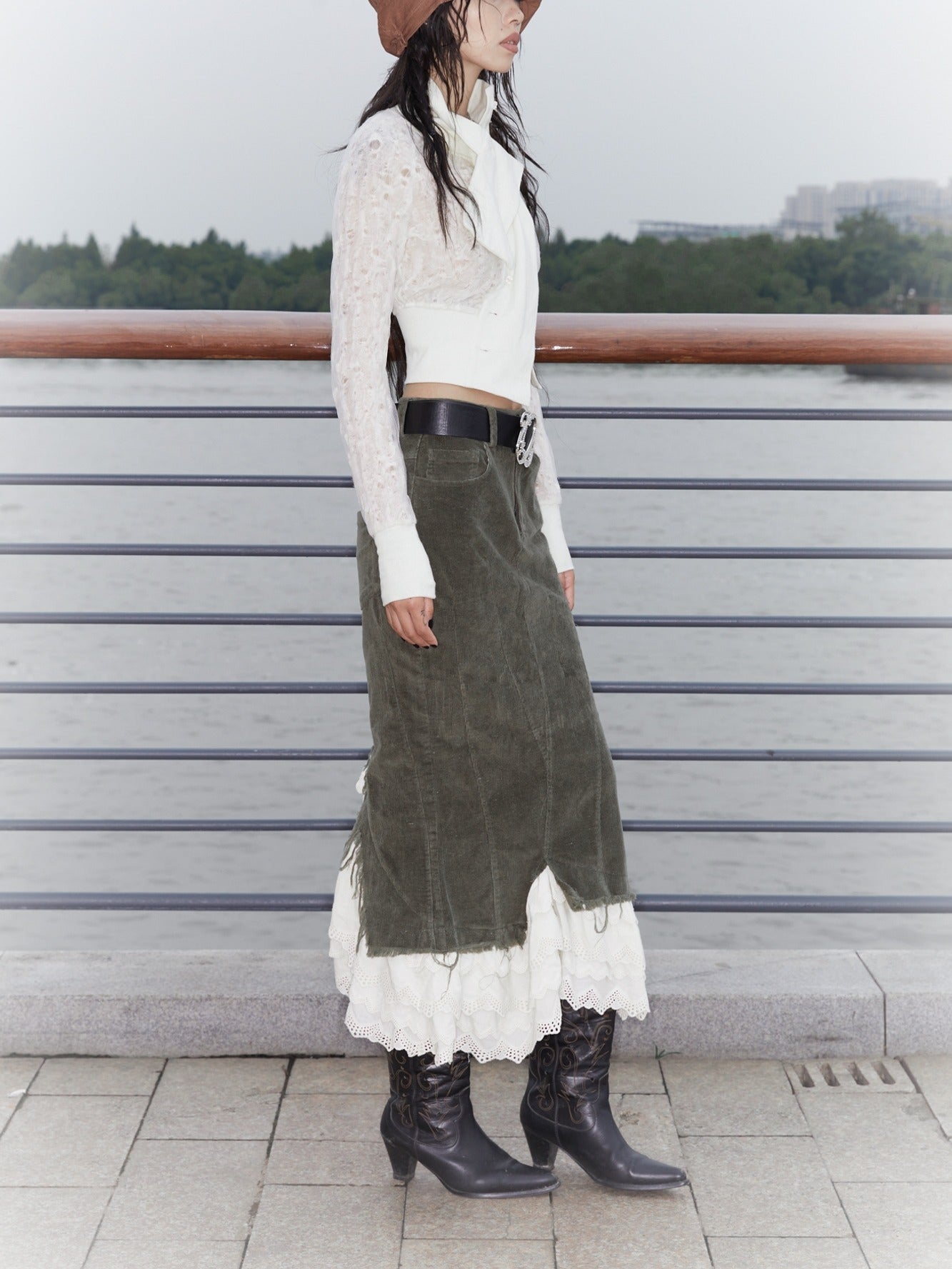 Corduroy Layered Petal Fishtail Skirt with Elastic Waist and Side Slit [ID:0135SK]