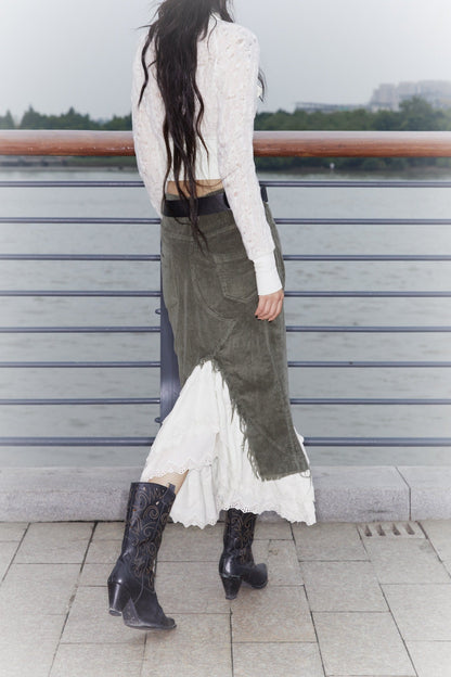 Corduroy Layered Petal Fishtail Skirt with Elastic Waist and Side Slit [ID:0135SK]