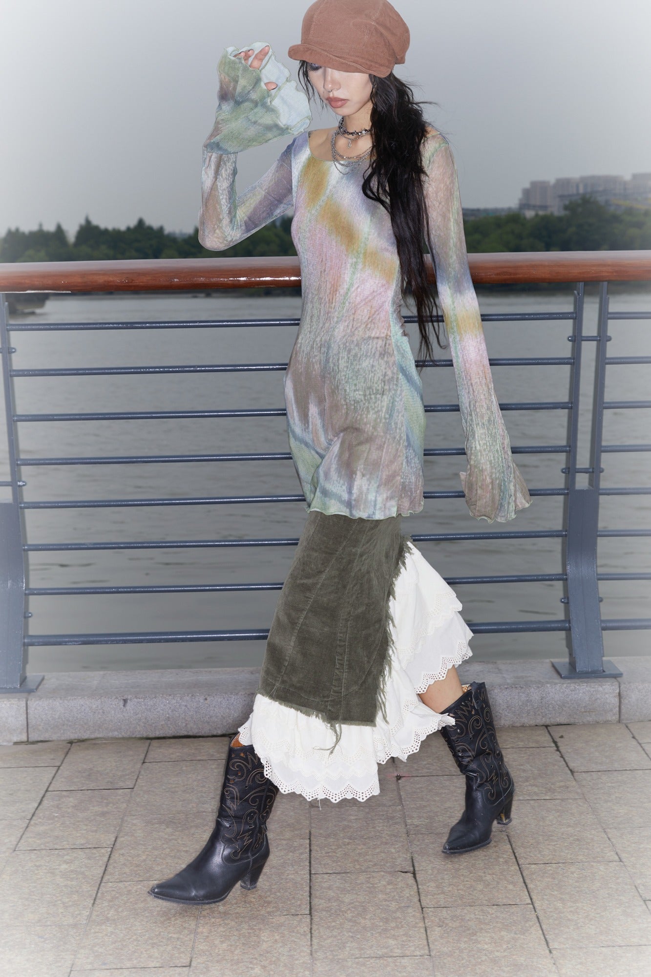 Corduroy Layered Petal Fishtail Skirt with Elastic Waist and Side Slit [ID:0135SK]