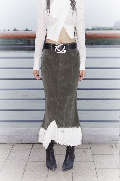 Corduroy Layered Petal Fishtail Skirt with Elastic Waist and Side Slit [ID:0135SK]