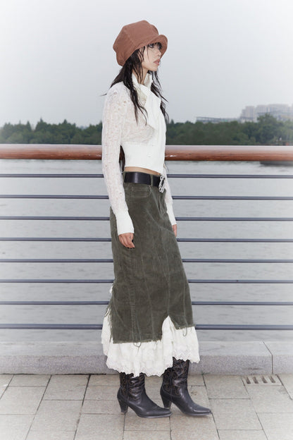 Corduroy Layered Petal Fishtail Skirt with Elastic Waist and Side Slit [ID:0135SK]