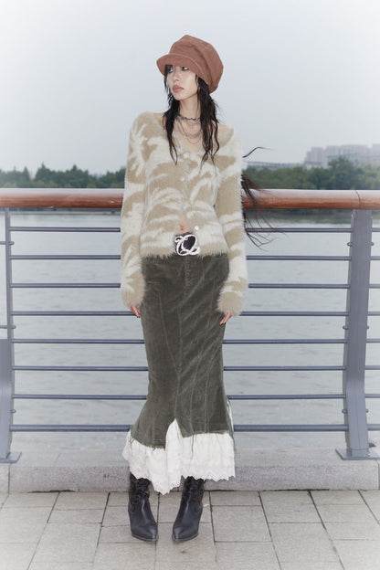 Corduroy Layered Petal Fishtail Skirt with Elastic Waist and Side Slit [ID:0135SK]