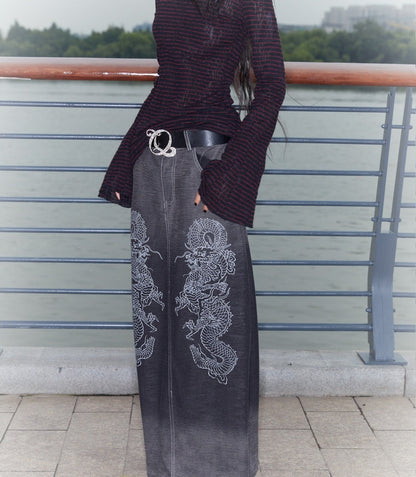 Low-Rise Printed Denim Knit Maxi Skirt with Dragon Wash Gradient and Slit [ID:0136SK]