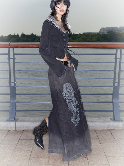 Low-Rise Printed Denim Knit Maxi Skirt with Dragon Wash Gradient and Slit [ID:0136SK]