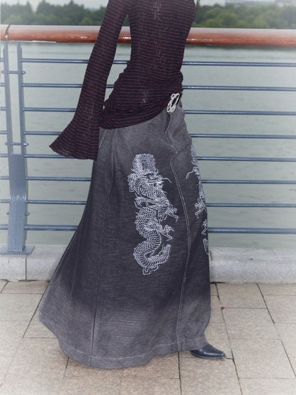 Low-Rise Printed Denim Knit Maxi Skirt with Dragon Wash Gradient and Slit [ID:0136SK]