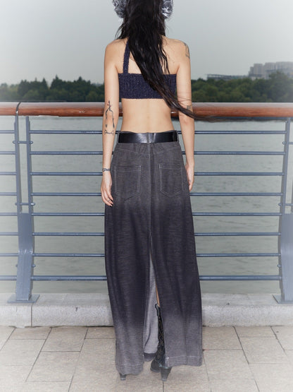 Low-Rise Printed Denim Knit Maxi Skirt with Dragon Wash Gradient and Slit [ID:0136SK]