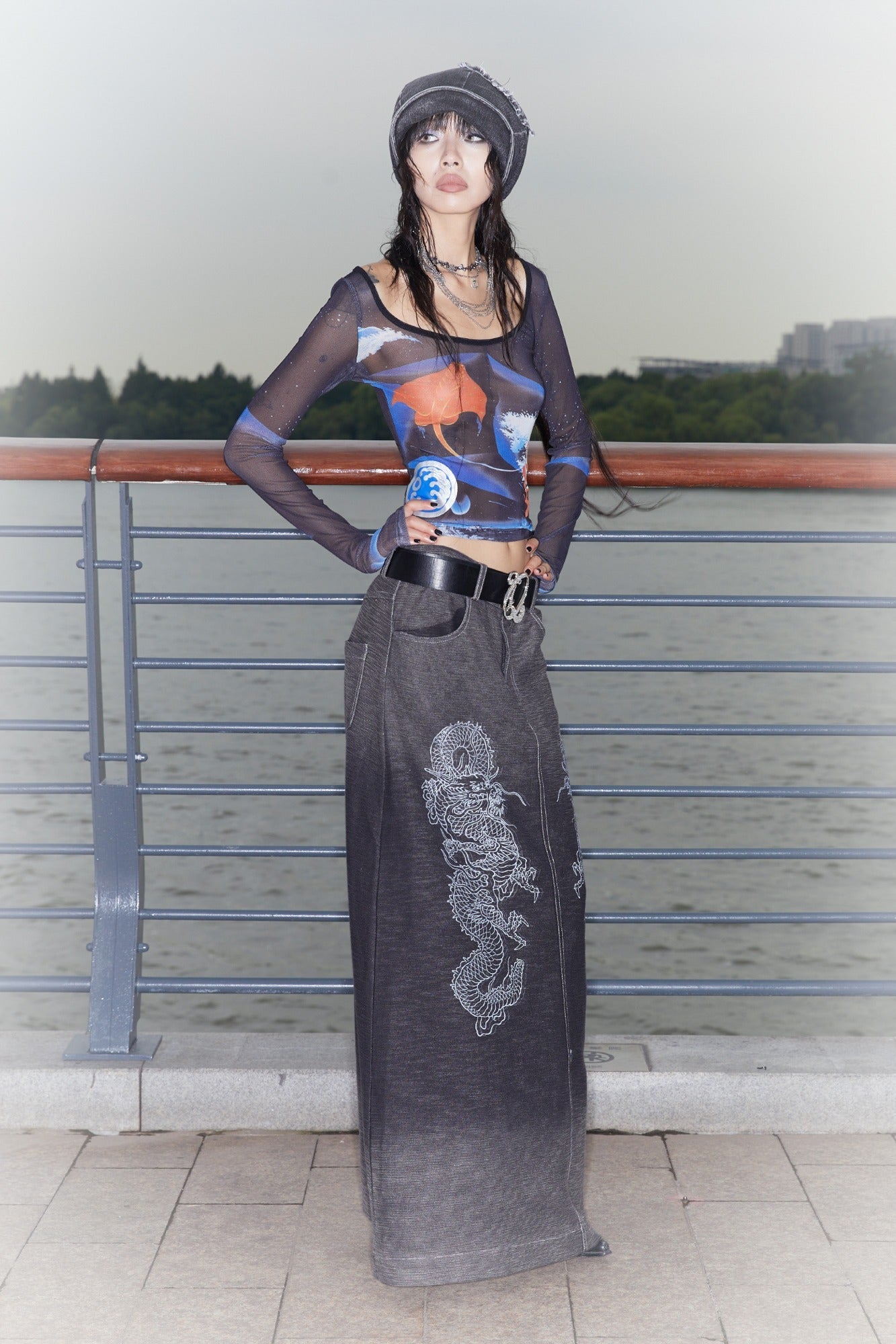 Low-Rise Printed Denim Knit Maxi Skirt with Dragon Wash Gradient and Slit [ID:0136SK]