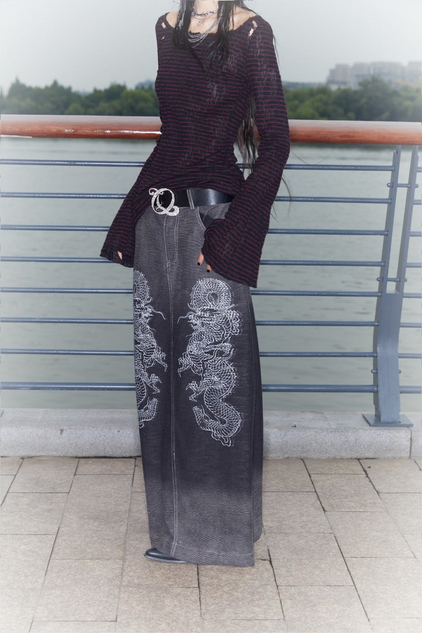 Low-Rise Printed Denim Knit Maxi Skirt with Dragon Wash Gradient and Slit [ID:0136SK]