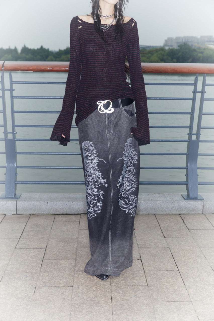 Low-Rise Printed Denim Knit Maxi Skirt with Dragon Wash Gradient and Slit [ID:0136SK]