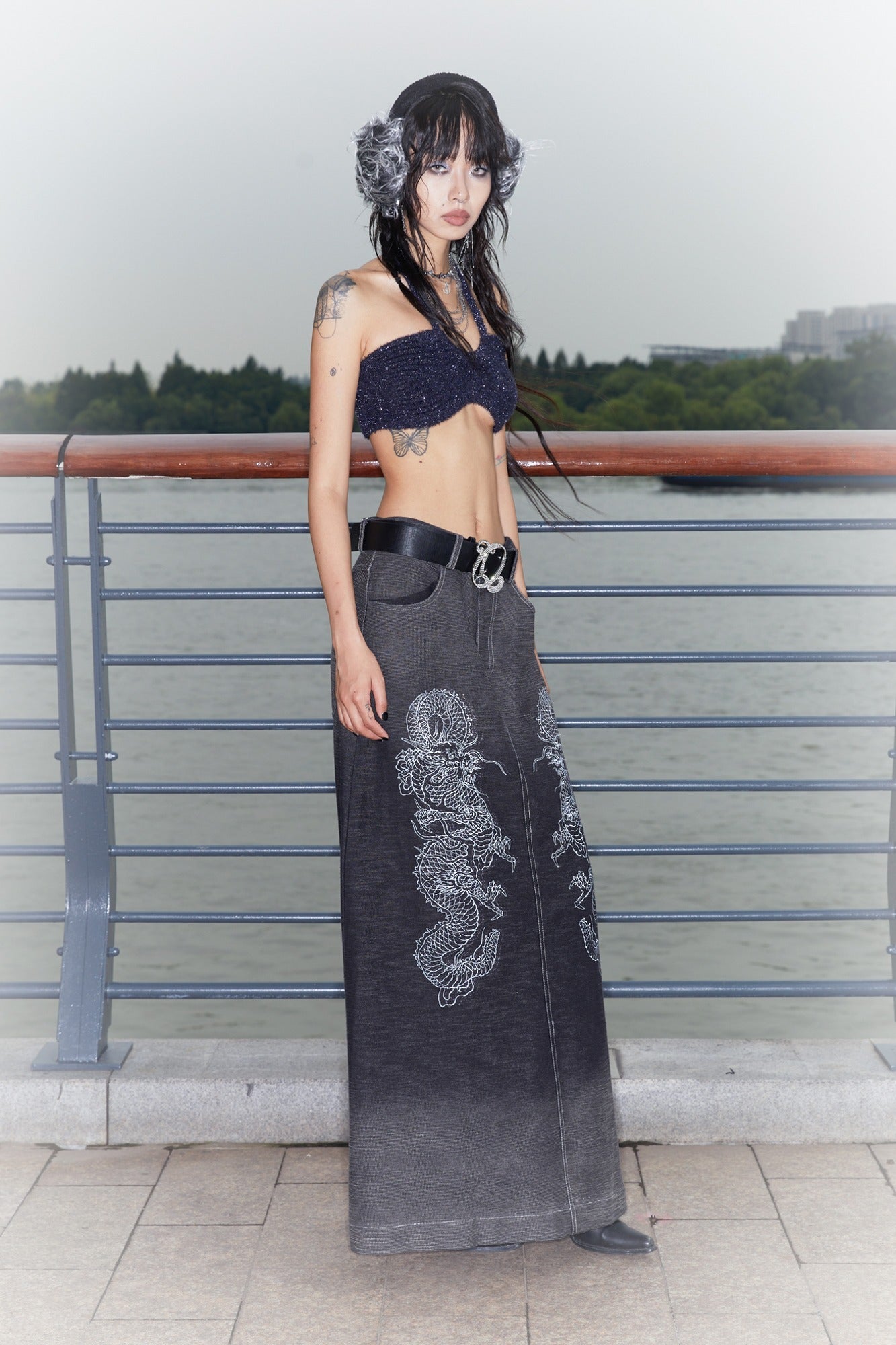 Low-Rise Printed Denim Knit Maxi Skirt with Dragon Wash Gradient and Slit [ID:0136SK]