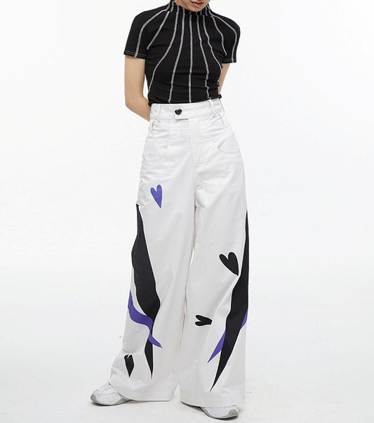 High-Waist Cotton Wide-Leg Pants with Heart Reflection Print [ID:0137PA]