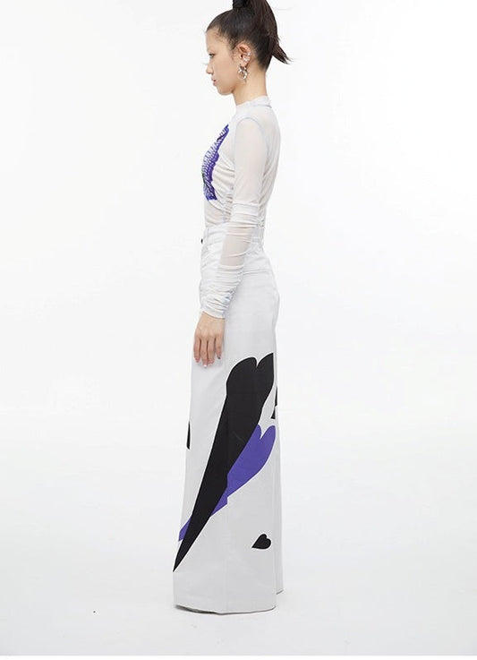High-Waist Cotton Wide-Leg Pants with Heart Reflection Print [ID:0137PA]