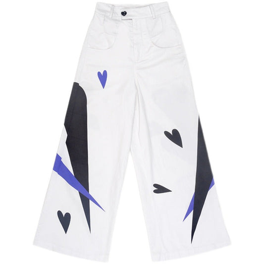 High-Waist Cotton Wide-Leg Pants with Heart Reflection Print [ID:0137PA]