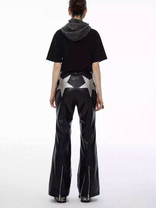 High-Waist Leather Pants with Pentagram Stretch Flare [ID:0138PA]