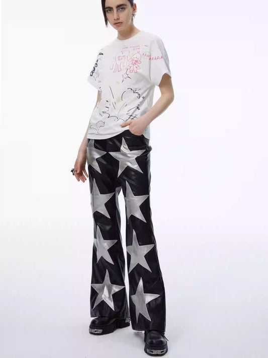 High-Waist Leather Pants with Pentagram Stretch Flare [ID:0138PA]