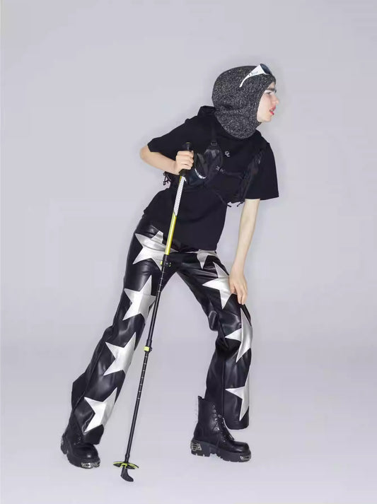High-Waist Leather Pants with Pentagram Stretch Flare [ID:0138PA]