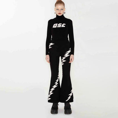 Lightning Embroidery Knit Flare Pants with Monochrome Warmth [ID:0140PA]