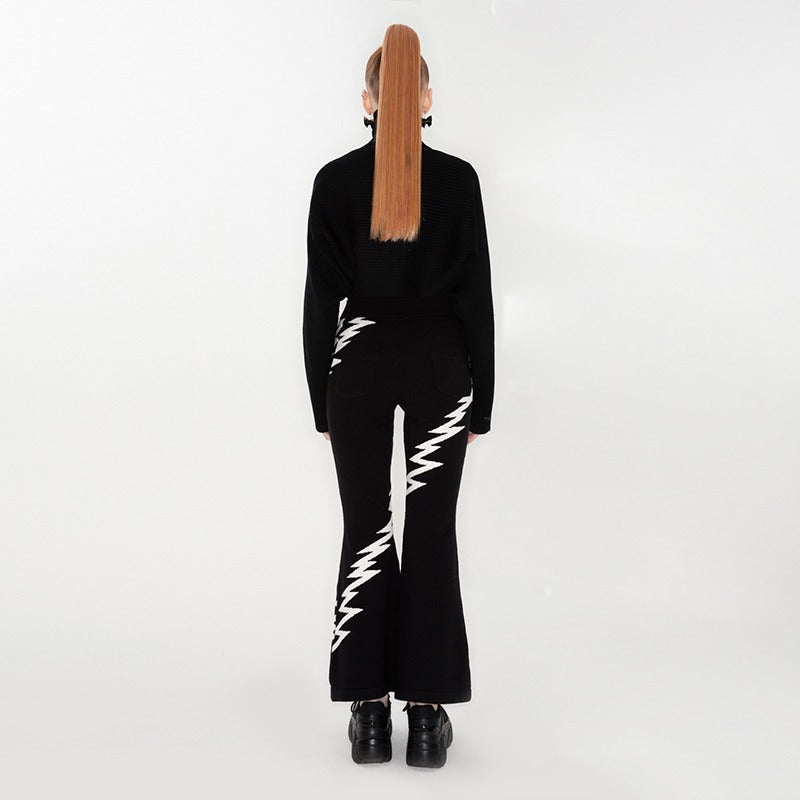 Lightning Embroidery Knit Flare Pants with Monochrome Warmth [ID:0140PA]