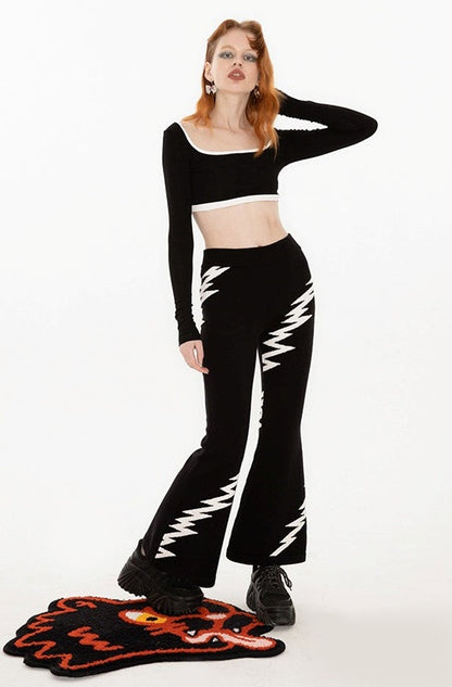 Lightning Embroidery Knit Flare Pants with Monochrome Warmth [ID:0140PA]