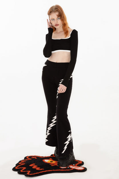 Lightning Embroidery Knit Flare Pants with Monochrome Warmth [ID:0140PA]