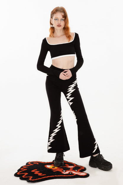 Lightning Embroidery Knit Flare Pants with Monochrome Warmth [ID:0140PA]