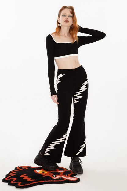 Lightning Embroidery Knit Flare Pants with Monochrome Warmth [ID:0140PA]