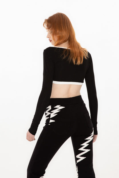 Lightning Embroidery Knit Flare Pants with Monochrome Warmth [ID:0140PA]