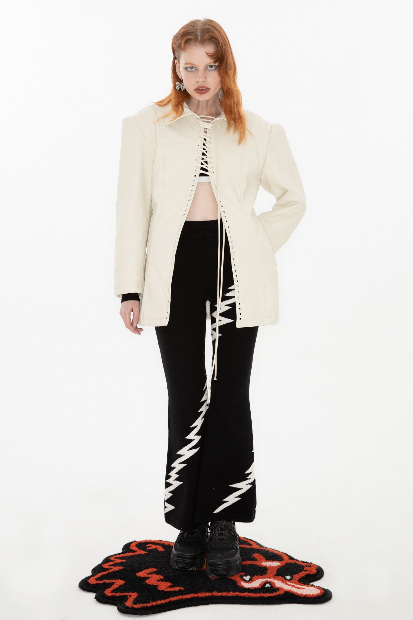 Lightning Embroidery Knit Flare Pants with Monochrome Warmth [ID:0140PA]